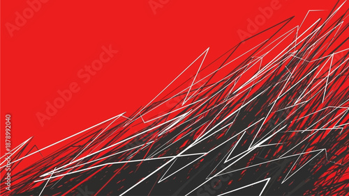 The abstract artwork depicts chaotic lines and shapes in red background.