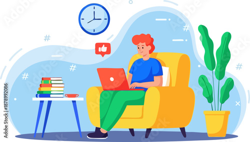 Young man working comfortably on a laptop while seated in a cozy armchair at home on white background