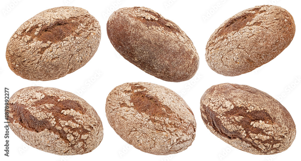 Naklejka premium Rustic rye bread loaf isolated on white background, full depth of field