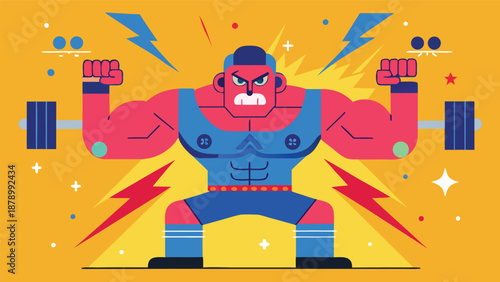 A cheerful cartoon character flexing muscles while lifting a barbell