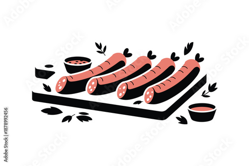 Appetizing Sausages on a Platter with Sauce, food serving concept