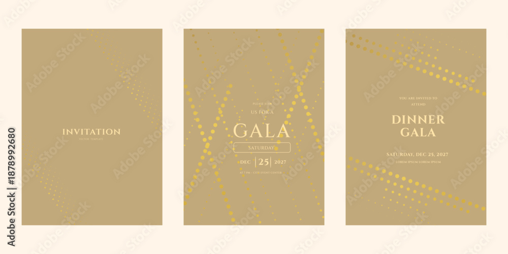 Fototapeta premium Three elegant gala dinner invitations featuring luxurious gold dotted patterns on a warm beige background, perfect for a special event