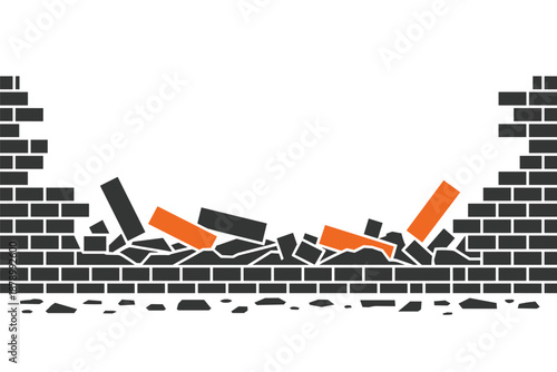 Broken Brick Wall with Scattered Bricks and Gap, damage renovation concept