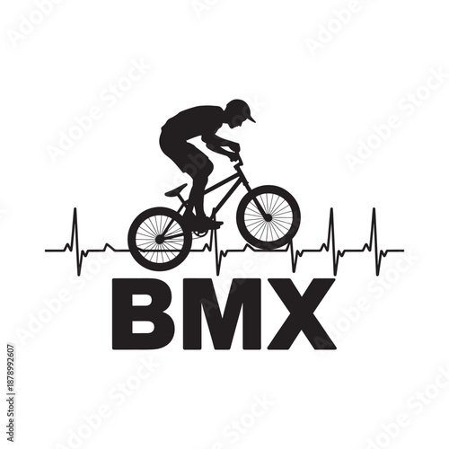 Silhouette of a bmx rider with a heartbeat and bmx text design