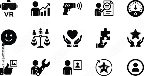 Comprehensive set of black flat icons featuring business growth, virtual reality, customer service, support, and premium VIP status.