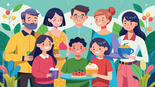 A family stands together in front of a decorated Christmas tree