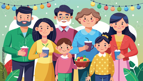 A family stands together in front of a decorated Christmas tree