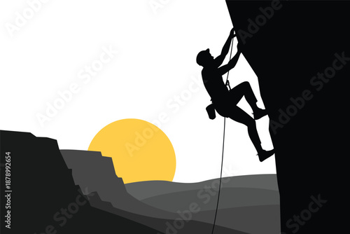 Rock Climber Silhouette Against a Sunset Mountain Landscape, challenge adventure concept