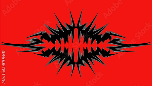 Vibrant red background with a striking black abstract illustration design element