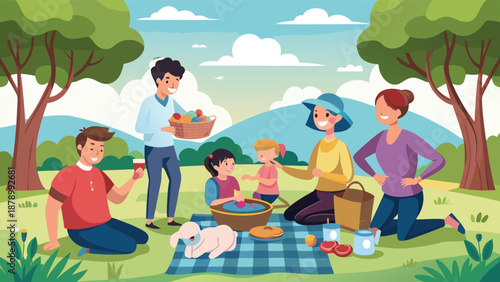 A cheerful family gathered for a picnic in the park