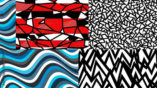 Vibrant abstract artwork features geometric patterns and swirling shapes in background work setting.