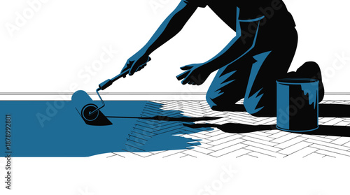 Man Painting Floor with Roller and Blue Paint, home renovation concept
