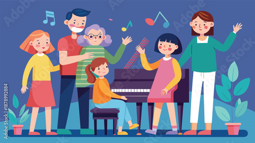 Family gathered around a piano, joyfully singing together