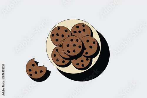 Plate of Chocolate Chip Cookies with a Bitten Treat, sweet snack concept