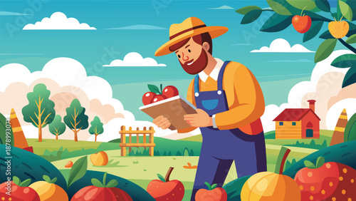A farmer depicted with a bright red apple in hand