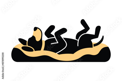 Happy Dog Relaxing on its Back in a Cozy Bed, pet happiness concept