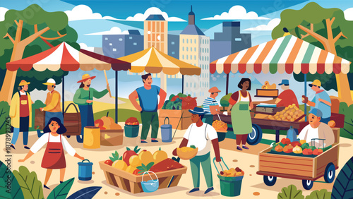 A vibrant poster depicting people shopping and socializing at a bustling outdoor market