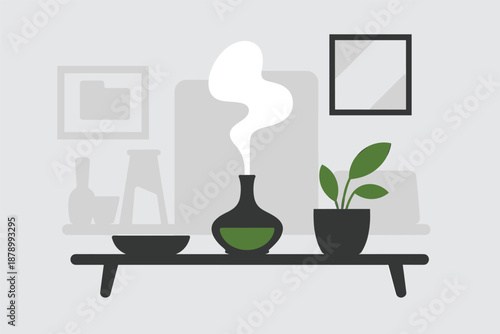 Minimalist Home Decor Shelf with Plant and Diffuser, interior lifestyle concept