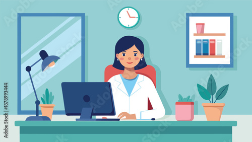 A woman sits at her desk, focused on her computer screen