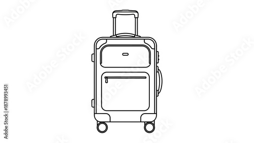 Simple black and white illustration of a wheeled suitcase with handle.