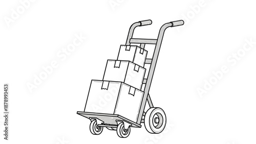 Hand truck or sack truck loaded with cardboard boxes for moving goods.