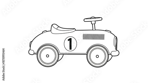 Simple black and white line drawing of a toy racing car with number one on the side.