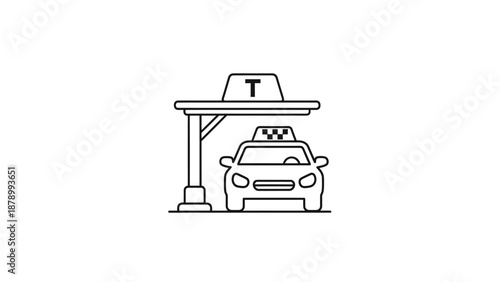 Simple line art illustration of a taxi at a stand.
