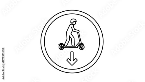 Simple line drawing of a person riding a scooter with a downward arrow.