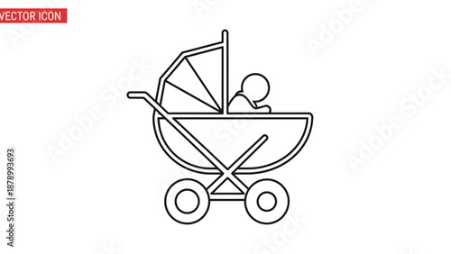 Simple line drawing of a baby in a stroller with canopy.