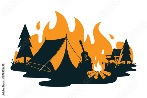 Night Camping Adventure with Campfire and Tent, outdoor survival concept