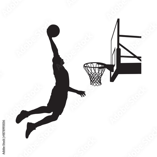 Silhouette of a basketball player in mid air about to dunk