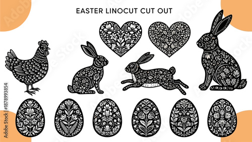 Easter linocut cut out illustrations of rabbits, eggs, and a chicken on a white background with hearts.