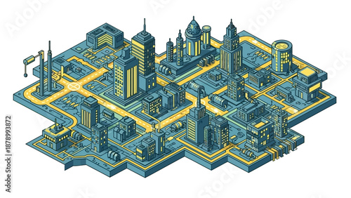 This detailed isometric illustration presents a complex industrial technology pattern made of interconnected blocks, pipelines, platforms, and digital structures. The image represents advanced industr
