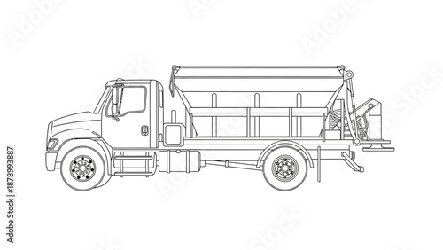 Line art illustration of a dump truck on white background.