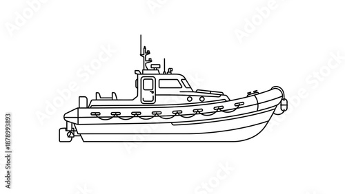 Simple black and white line drawing of a tugboat on a white background.