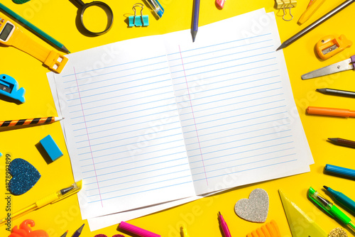 back to school background for kids & student, colorful stationery education in top view flat lay