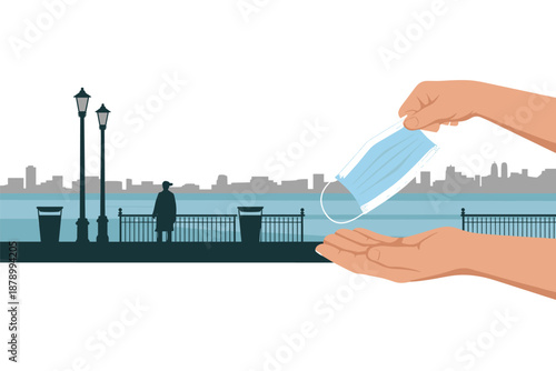Offering a Face Mask for Public Safety in an Urban Waterfront Setting, public health awareness concept