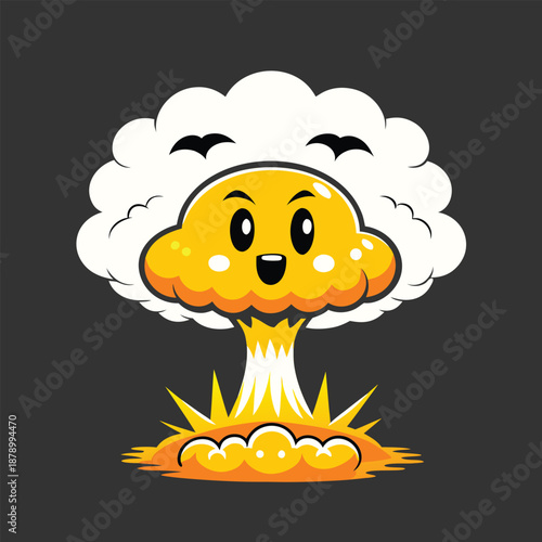 A charming and cheerful atomic mushroom cloud smiling with friendly birds flying above