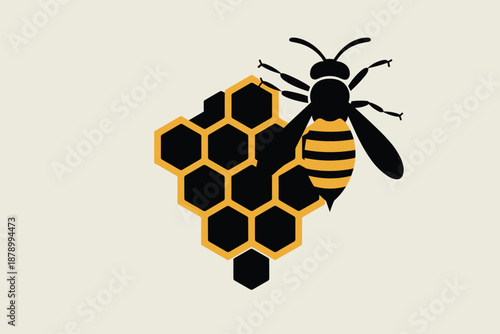Honey Bee on Golden Honeycomb Flat Icon, honey production concept