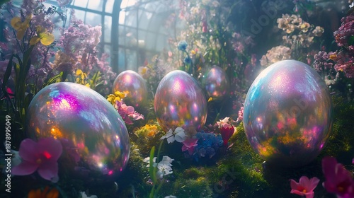 Levitating Iridescent Easter Eggs in Dreamlike Floral Greenhouse Setting