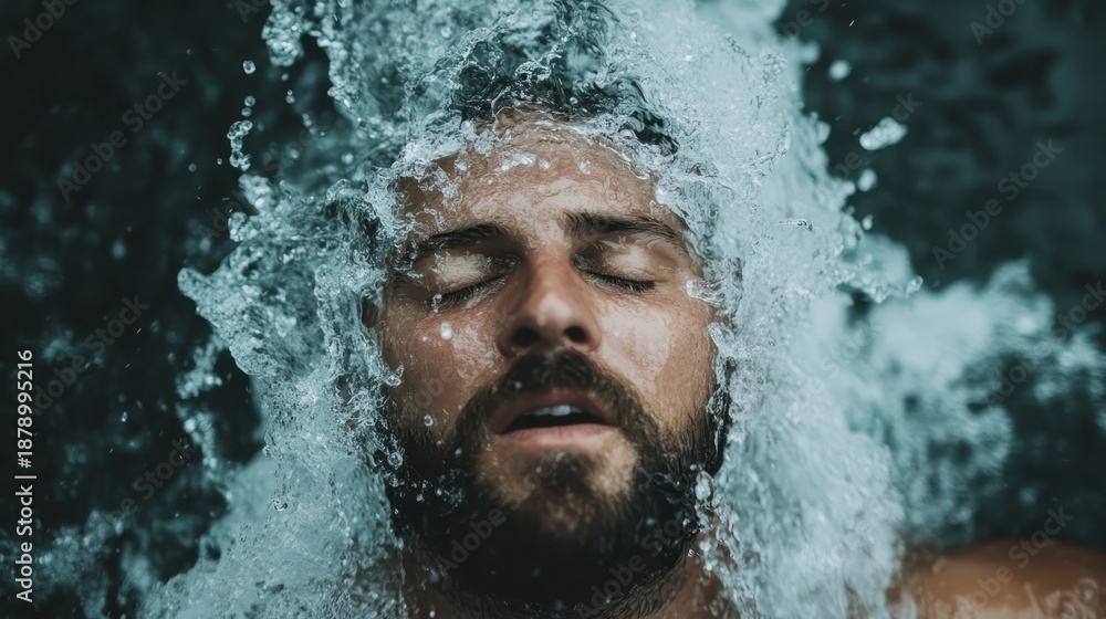 Fototapeta premium A serene image of a man submerged in water, with gentle waves splashing around him, evoking feelings of tranquility and introspection in a meditative moment.