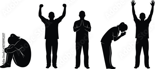 Collection of people silhouettes expressing different emotions through prayer, grief, celebration, and worship, spiritual human feelings set isolated on white background, vector,