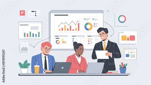 Diverse team collaborating around data charts and laptops in office business meeting teamwork