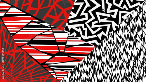 Vibrant abstract artwork features geometric background work patterns in red, white, and black hues.
