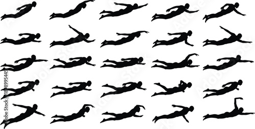 Collection of swimming silhouettes in various aquatic poses and strokes, healthy lifestyle water sports and underwater exercise set isolated on white background