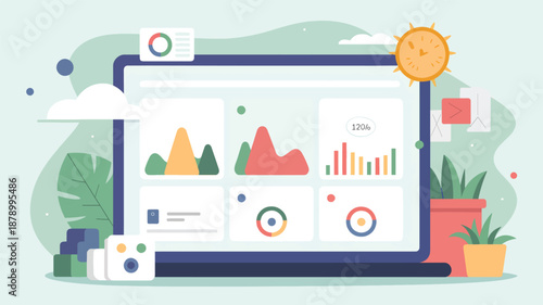 Flat of a laptop displaying data charts and graphs computer screen