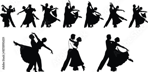 Elegant ballroom dancers silhouettes collection, professional couple dancing salsa tango waltz and latin dance poses, isolated vector illustrations for wedding and event design