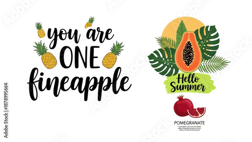 Vibrant summer illustrations showcase tropical fruits and leaves on colorful backgrounds with fun quotes.