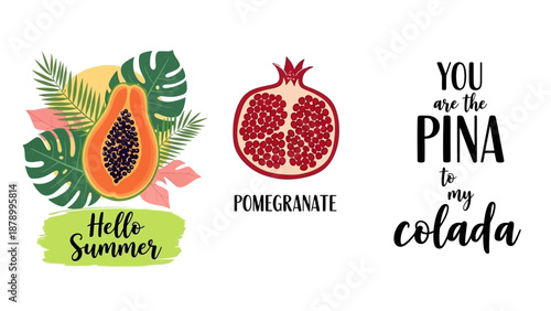 Vibrant illustrations of tropical fruits and text on a colorful background work ai