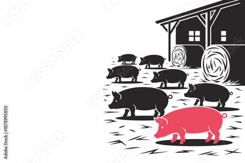 One Red Pig Standing Out on the Farm, standing out individuality concept